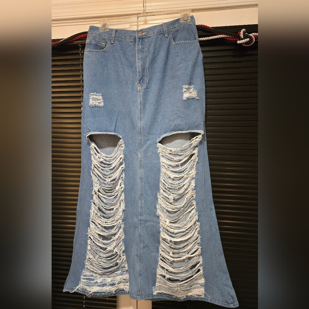 Distressed Blue Denim Skirt